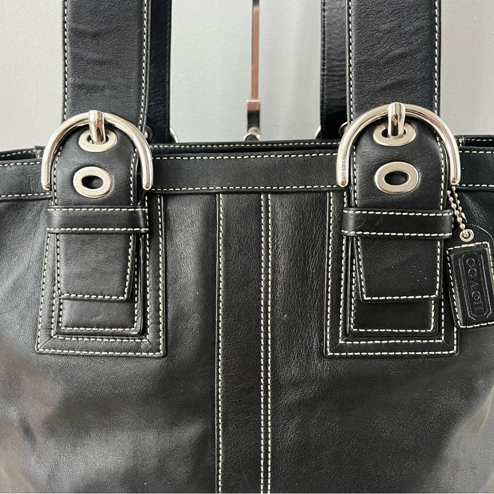 Coach Black Leather Tote with White Stitching